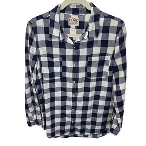 Old Navy Womens Plaid Shirt Top Long Sleeve‎ Button Down Checkered Blue White